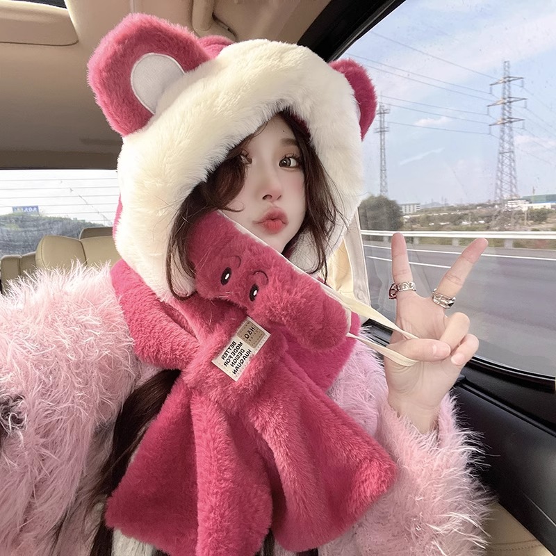 Cute Bear Hat Scarf Integrated - Trapper Hat Ear Flap ulasan dan harga